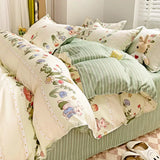 Qfdian Ins Korean Pastoral Flower Bedding Set Purple Bed Flat Sheet Pillowcase Twin Full Queen Size Bed Linen Women Girls Duvet Cover