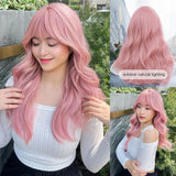 Qfdian 20Inch Peachy Pink Pretty Lolita Synthetic Wigs with Bang Medium Natural Wavy Hair for Women Daily Use Cosplay Heat Resistant