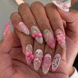 Qfdian  24pcs Press on Fake Nails Set Almond Wearable Simple French Flower False Nail Art Gold Beads Design Diamond Manicure Tips