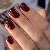 Qfdian 24Pcs Solid Color Wine Red Design Fake Nail Short Square Press on False Nails Simple Detachable Finished Full Cover Nail Tips