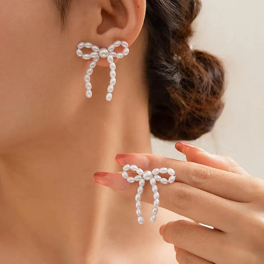 Elegant Charm Bow Pearl Stud Earrings Imitation Pearl Handmade Bowknot Shape Earring for Women Wedding Jewelry Valentine Gift