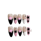 Qfdian Handmade Y2k Star False Nails Black Pink Almond Press On Nails Wearable Fake Nails Nail Art Tips Reusable Artificial Manicuree A