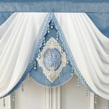 Qfdian  1Pc,Blue and White Luxury Waterfall Valance Curtain Hanging for Luxury Window Thick Swag with Pendant Beads Window Bedroom Decor