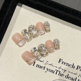 Qfdian 10Pcs Handmade Glitter Nude Pink Press On Nails with Rhinestone Design Ballet French Short False Nails Wearable Nail Tips