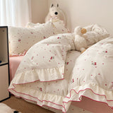Qfdian  Korean Sweet Cherry Print Ruffles Bedding Sets oft Washed Cotton Duvet Cover Set Cute Princess Style Bedding for Girls Bedroom