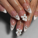 Qfdian  24pcs Light Coffee French Style Press On Nails Leopard Print Almond Spicy Girl Fake Nails With Bowknots Pearl Decor False Nail