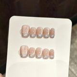 Qfdian  10Pcs Cat Eye Handmade Coffin Press on Nails Sweet Cute Flower Fake Nails Full Cover Dreamy Shiny Ballet False Nails Pink Nail