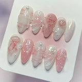 Qfdian 24pcs Mid-length Almond Press on Nails Sets Wearable Gradient Pink Flower Pearl Design False Nail French Fake Nail Finished Tips