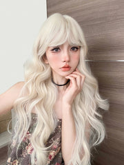 Qfdian 28Inch Blonde Platinum Golden Lolita Synthetic Wigs With Bang Long Wavy Hair Wig for Women Cosplay Daily Use Heat Resistant