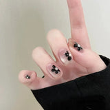 Qfdian 10Pcs Handmade Press On Nails Full Cover Cat Eye Black Flower Design French Short Ballerina Fake Nail Wearable Manicure Nail Tip