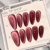 10Pcs Shiny Handmade Press on Nails Cherry Solid Color Almond Cat Eye Design Fake Nails Sparkling Removable Manicure Nail Women