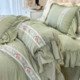 Qfdian Lace Bedding Set for Girls, Princess Duvet Cover with Sheet, Soft Washed Cotton, French Romantic Home Textiles, Elegant and Soft