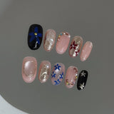 Qfdian  10pcs Short Almond False Nails Blue Gradient Fake Nails Hand Painted Flowers Pearl Stick on Nails Shiny Cat Eye  Press on Nail
