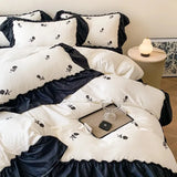Qfdian  French Hepburn style 4-piece bed set, Korean princess lace washed cotton embroidery duvet set