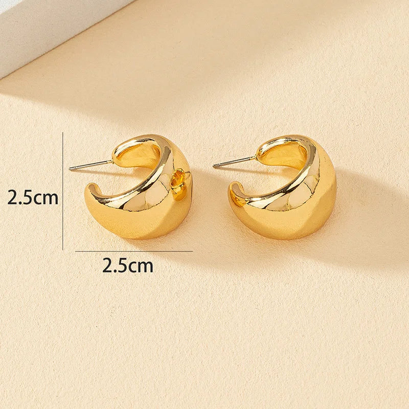 New Gold Color Round Chunky Earrings for Women Lightweight Smooth Metal Open Thick Hoops Fashion Trendy Jewelry