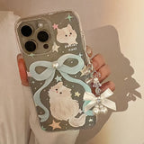 Qfdian Elegant pearl blue bow bracelet capa for iphone 13pro 15pro 11 13 12 13promax 14 15 pro max 14pro cute cat shiny star phone case