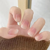 Qfdian 24Pcs Nude Pink Nail Tips Short Round Head False Nails with Design Wearable Finished Fake Nails Full Cover Press on Nails
