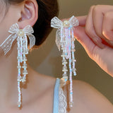 Qfdian  Bowknot tassel pearl earrings holiday style fresh and sweet earrings