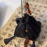 Qfdian  Y2k Vintage Beading Tassel Mini Handbags Women Purses Fashion Jacquard Top-Handle Bag Drawstring Pleated Shoulder Crossbody Bags