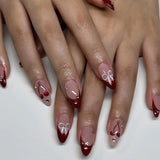 Qfdian  24pcs Sweet Cool Almond False Nails Y2k Red Ins Cherry Flower Bowknots Printed Press On Nails French Style Detachable Fake Nail