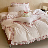 Qfdian  100% Cotton Double Yarn Bedding Set, Soft Ruffle Duvet Cover with Pillowcases, Queen King Size Pink Bed Linen for Girls Bedroom