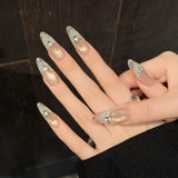 Qfdian 10pcs Luxury Handmade Long Oval False Nail Glitter Cat Eye French Press On Nails Shiny Rhinestone Decor Wearable Fake Nail