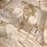 Qfdian Royal Golden Embroidery European Palace Luxury Bedding Set Champagne Brocade Egyptian Cotton Duvet Cover Bed Sheet Pillowcases
