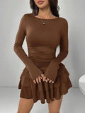 Qfdian  Autumn Bodycon Dress Women Solid Color Slim Fit Mini Dress Elegant Flare Sleeve High Waist Cascading Ruffles Sexy Party Dresses
