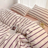Qfdian  Simple Style Red And Blue Strip Duvet Cover Set Bed Sheet Set Washed Cotton Bedding Set