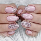 Qfdian 24Pcs Short Round Head False Nails Glitter Pink Almond Fake Nails Strawberry Full Cover Press on Nails Wearable Nail Tips