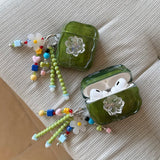 Qfdian  3D Flower Crystal Oil Painting Green Case For Airpods 4 anc keychain for airpods pro 1 2 3 Cover For Air Pods 3 Earphone Case