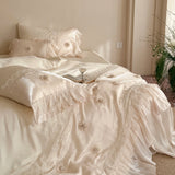Qfdian  Luxury Lace Ruffles Lyocell Bedding Set, Soft Cooling Flower Duvet Cover Set Bed Sheet/Bed Skirt/Fitted Sheet Pillowcases 4Pcs