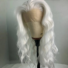 Qfdian 13X4 White Curly Wig Synthetic Lace Front Wig Natural Long White Blonde Colored Hair Lace Frontal Wigs for Women Party Cosplay