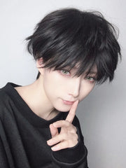 Qfdian 10Inch Black Color Handsome Synthetic Wigs With Bang Short Straight Hair Wig For Men Women Daily Cosplay Party Heat Resistant