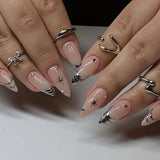 Qfdian  24pcs Short Almond Sweet Cool Press on Nails Glitter French Nail Art 3D Metal Star Stick on Nails Brown Gradient Rhinestone Nail
