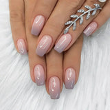 Qfdian 24Pcs Gradient Short Ballet Nails Set with Glue White Simple False Nails Coffin Fake Nail Press on Nails Full Cover Nail Tips