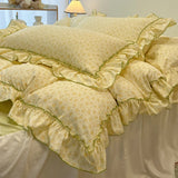 Qfdian 2/3Pc Korean Princess Style Floral Ruffles Bedding Set Single Queen Size Soft Skin-friendly Washed Cotton Duvet Cover Pillowcase