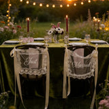Qfdian  2pcs Personalized Lace Just Married Chair Sign for Bride & Groom Wedding Sheer Lace Signs Custom Wedding Chair Banners