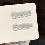 Qfdian  10pcs Handmade Kawaii Cute Gradient Press On Nails 3D Bows Decor Wearable Yellow French Crystal Cat's Eye False Nails For Women