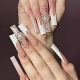 Qfdian  24Pcs Long Coffin False Nails Pink French Flowers Design Fake Nail with Butterfly Rhinestone Wearable Ballet Press on Nails