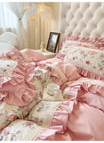 Qfdian 100% Cotton Korean Princess Style Rose Flower Print Ruffles Bedding Set Duvet Cover Bed Sheet/Fitted Sheet/Bed Skirt Pillowcases