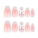 Qfdian  24pcs Sweet Blush Cat's Eye False Nails Glossy Pink 3D Transparent Bowknots Decor Press On Nails French Style Simple Fake Nail