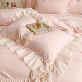Qfdian  Korean Style Princess Lace Bow Bedding Set Pink Sweet Girl Chiffon Ruffles Duvet Cover Bed Sheet Pillowcase Wedding Home Textile