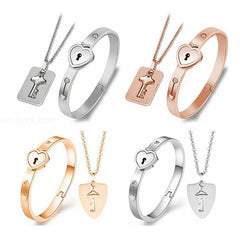 Stainless Steel Love Heart Lock Bracelets Bangles Key Pendant Necklace Couples Set Accessories  bracelets for women