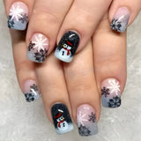 Qfdian  24pcs Merry Christmas Press On Nails Glitter Blue Short Square False Nail With Snowflake Designs French Fake Nail For Women