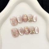 Qfdian  10pcs Handmade Short Press on Nails Sweet Cute Bow Decor Korean Fake Nail Tips Wearable Reusable Pink Cat Eye Design False Nails