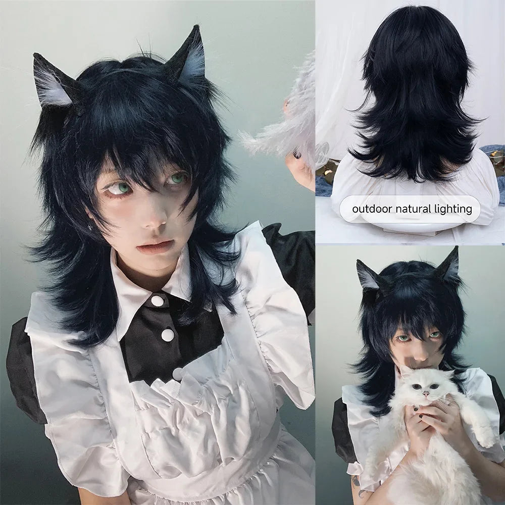 Qfdian 16Inch Blue Black Color Handsome Synthetic Wig With Bang Medium Natural Wavy Hair Wig for Man or Women Cosplay Heat Resistant