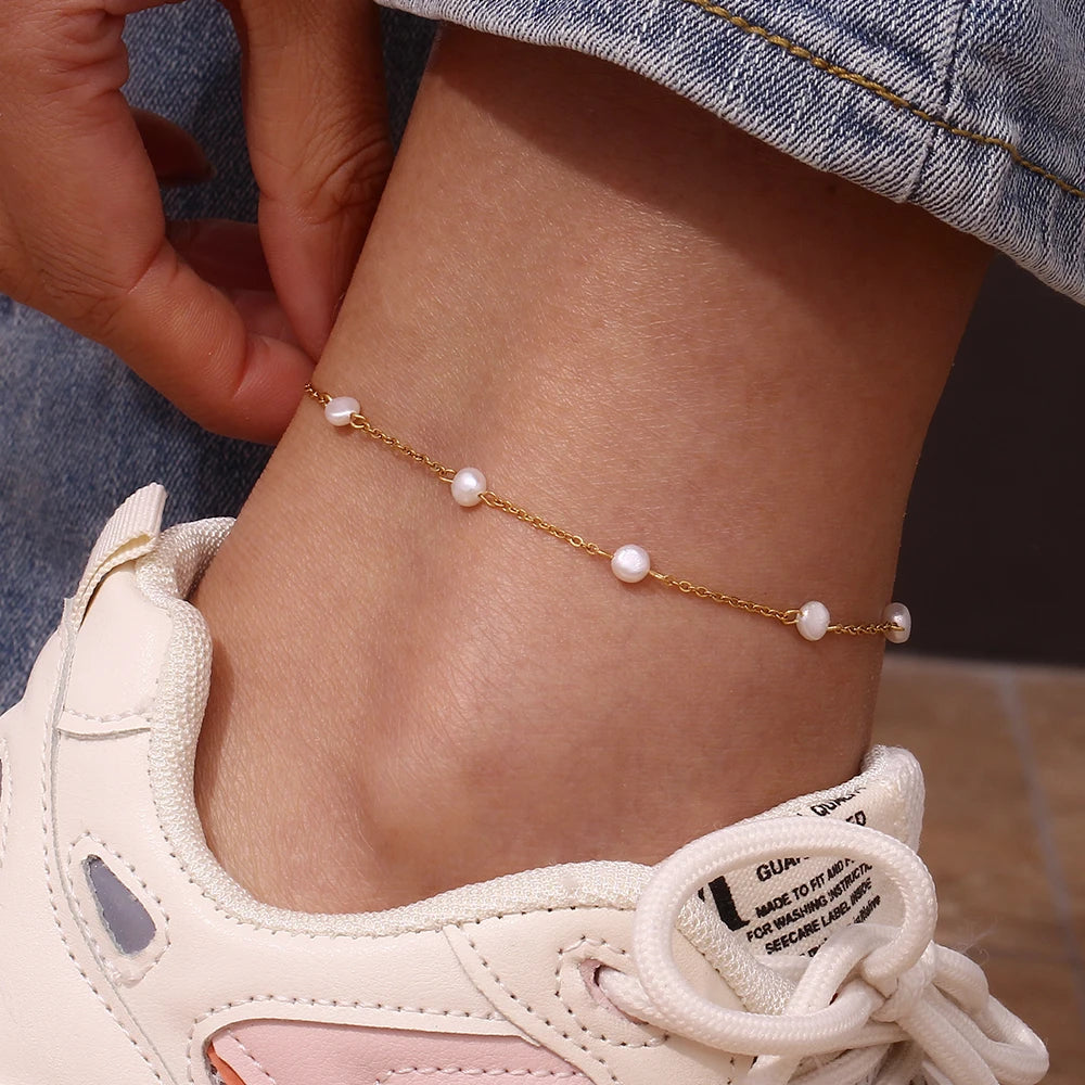 New Stainless Steel PVD Plating Waterpoof Rhinestone Zircon Freshwater Pearl Rope Chain Gold Color Anklets For Women