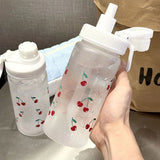 Qfdian  Kawaii Cherry Frosted Plastic Water Bottle With Straw Leak Proof Portable School Clear Juice Milk Tea Drinkware Water Cup 500ML