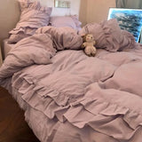 Qfdian  ‌Princess Style Purple Ruffle Duvet Cover Set - Washed Cotton 4-Piece/3-Piece Bedding Double Size/Dorm Sheet Set